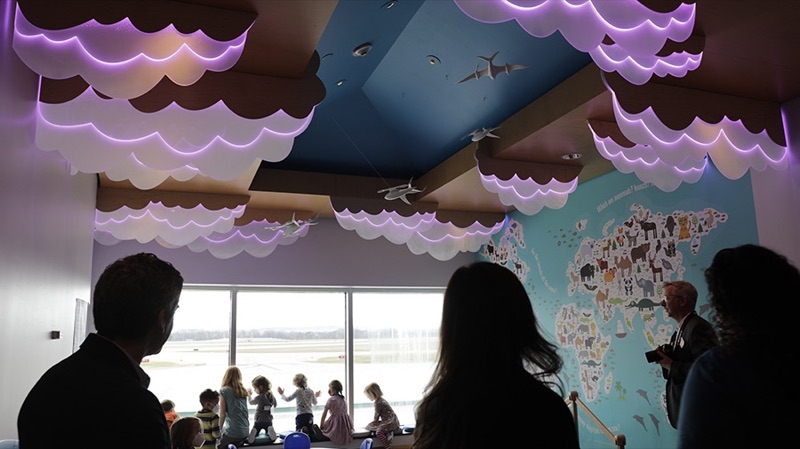 The Kids Zone skyscape ceiling and animal world map