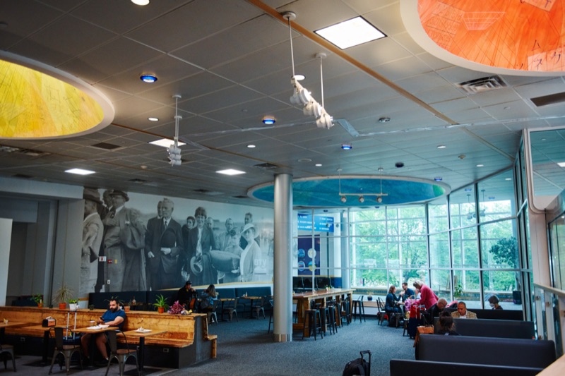 Comfortable seating in a bright airport lounge